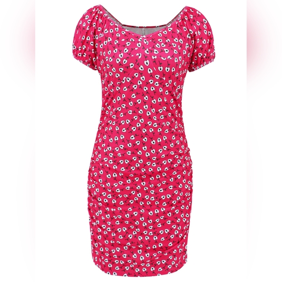 Printed V-Neck Short Sleeve Deep Rose Mini Dress - Picture 4 of 7